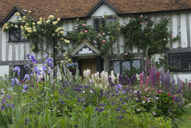 oak framed house in cottage garden setting