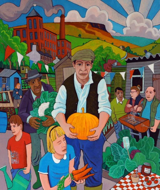painting of man on allotment