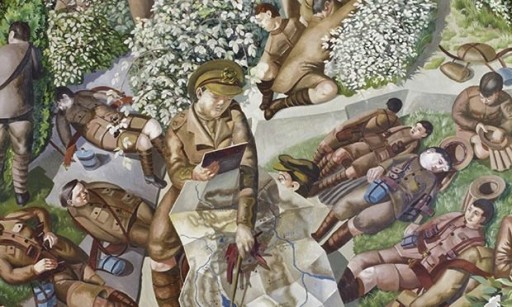 Detail from Map-reading by Stanley Spencer at Sandham Memorial Chapel, Burghclere, Hampshire.