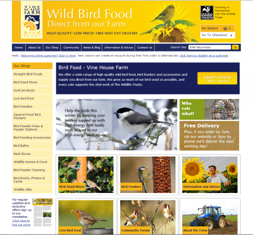 screenshot of Vine House Farm website who specialise in birdseed