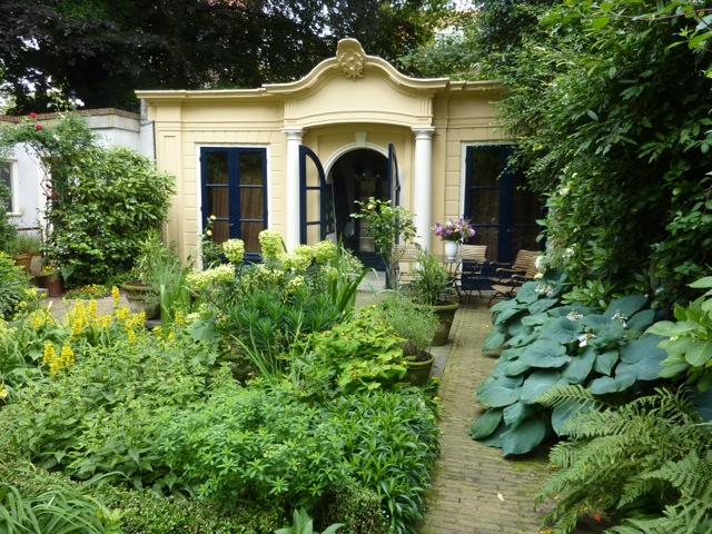 courtyard garden border with hostas