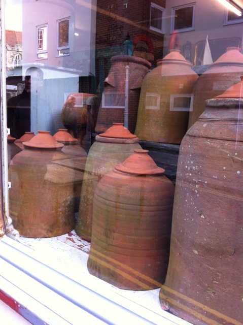 rhubarb forcers on display in a shop window
